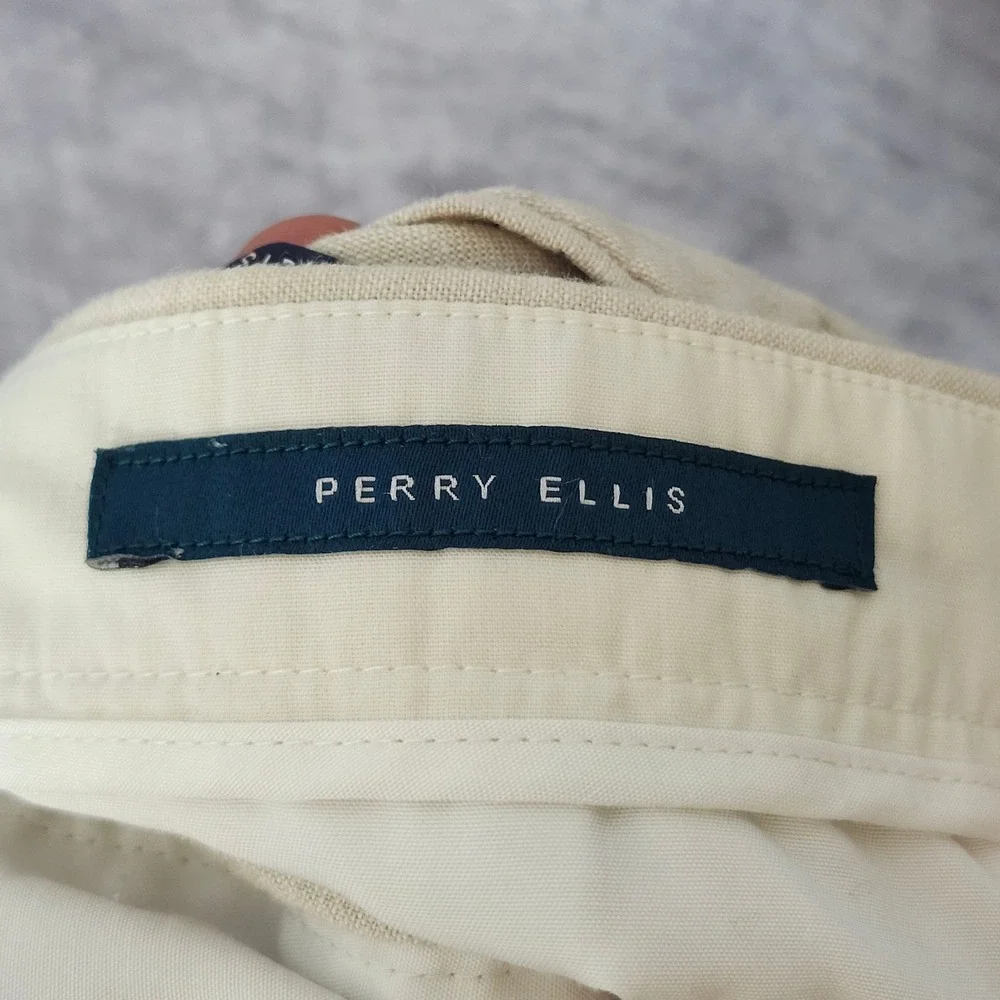 Perry Ellis Linen Blend Pants Mens 36x30 Beige Flat Front Chino Trousers